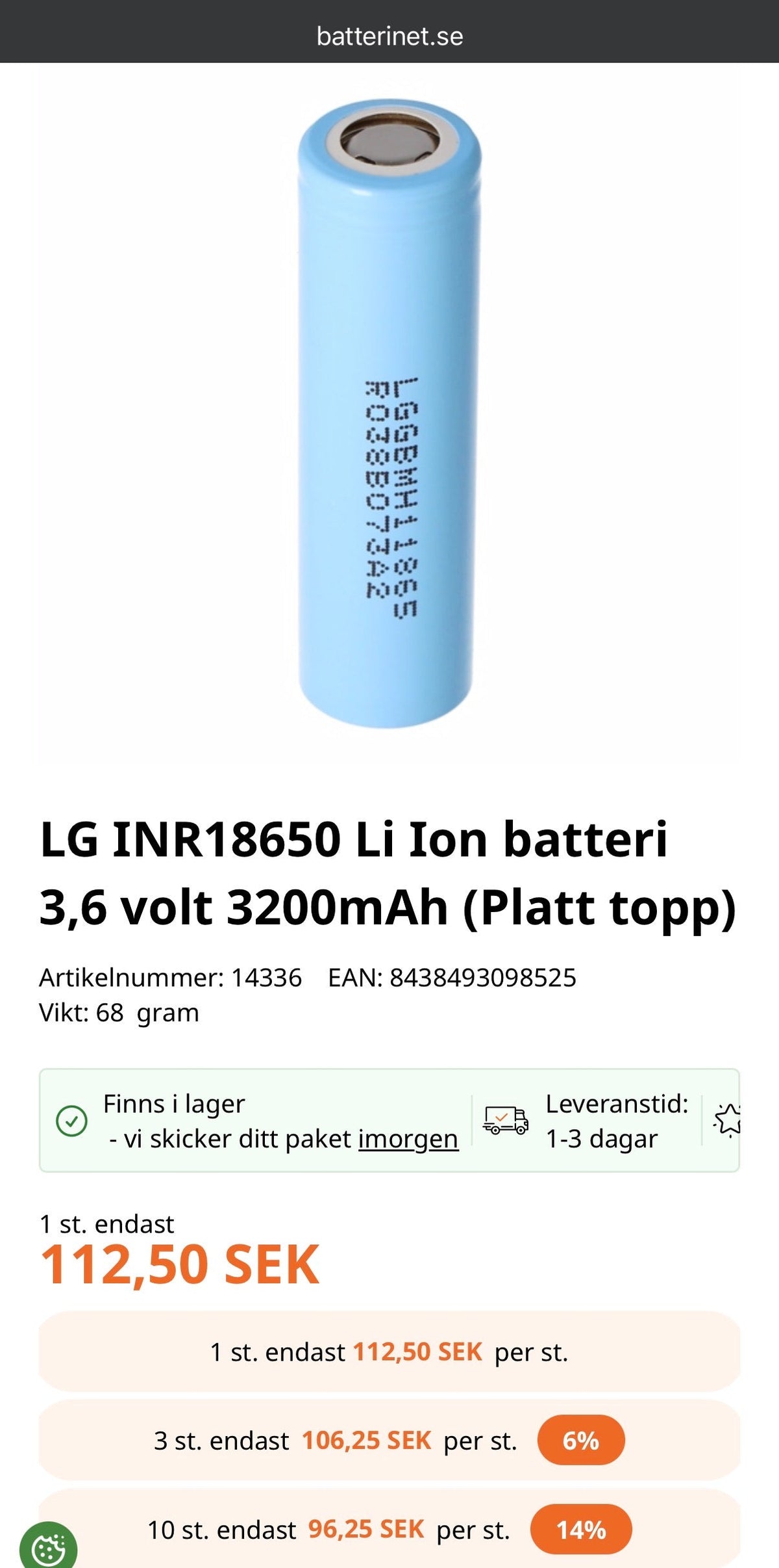 18650 celler LGGBMH11865 (LG MH1) ~2700mah / 25-30ir begagnade & testade - Landgren Dynamics