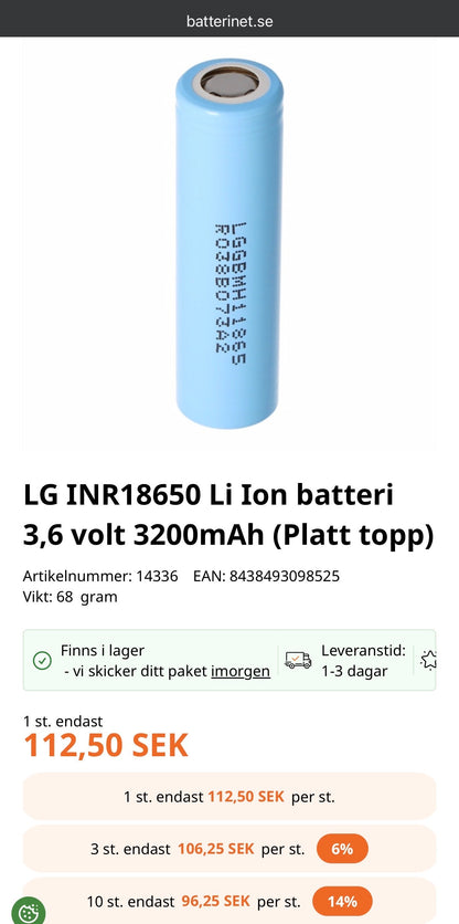 18650 celler LGGBMH11865 (LG MH1) ~2700mah / 25-30ir begagnade & testade - Landgren Dynamics