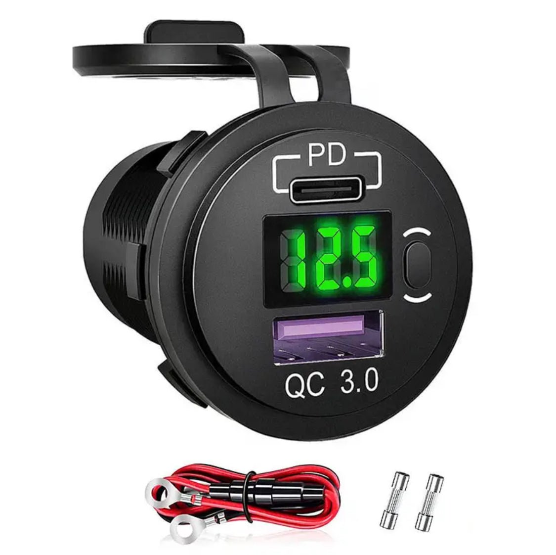 18W 12V/24V snabbladdare Dubbel USB / C uttag PD3.0 & QC3.0 LED-voltmätare, på/av-brytare - Landgren Dynamics